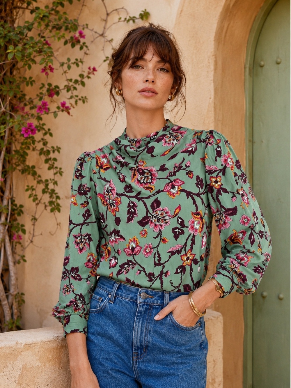 Zara Floral Green and Pink Women's Top Medium